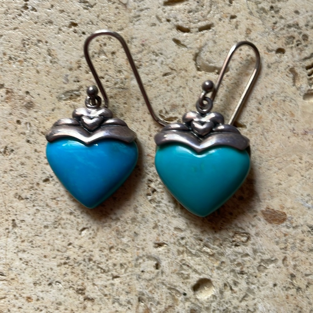 Heart shaped turquoise earrings Thailand stamped 925 silver. HSN probably Barse.